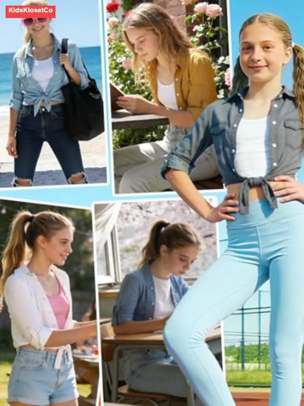 Girls Denim Western Cowgirl Blouse Tie Front 3/4 Sleeve Button Down